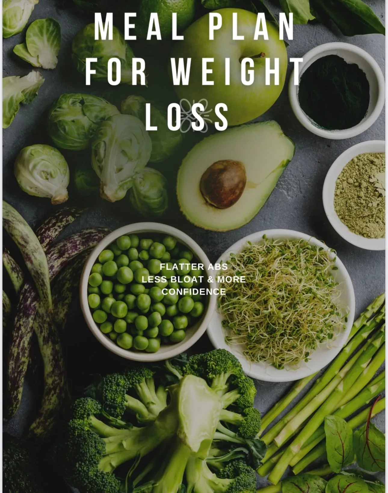 The meal plan cover: the title over an overhead spread of green vegetables, avocado, peas and sprouts